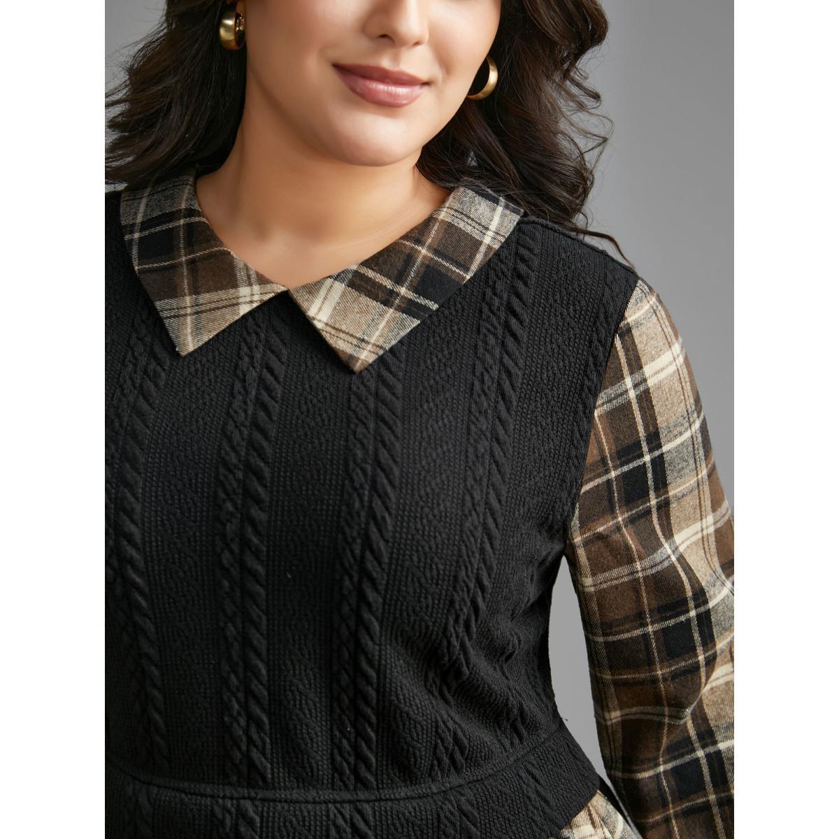 Plus Size DarkBrown Plaid Patchwork Texture Lantern Sleeve Blouse Women Elegant Long Sleeve Shirt collar Everyday Blouses BloomChic 22-24/3X Product Image