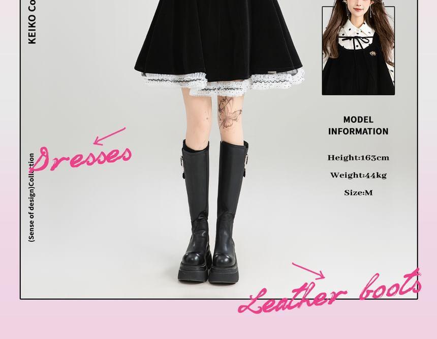 Long Sleeve Collared Dotted Shirt / Pleated Buckled Panel Velvet Mini A-Line Overall Dress Product Image