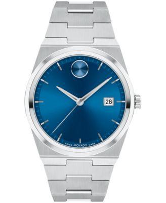 Movado Mens Quest Blue Dial Quartz Mechanical Automatic Stainless Steel Bracelet Watch Product Image