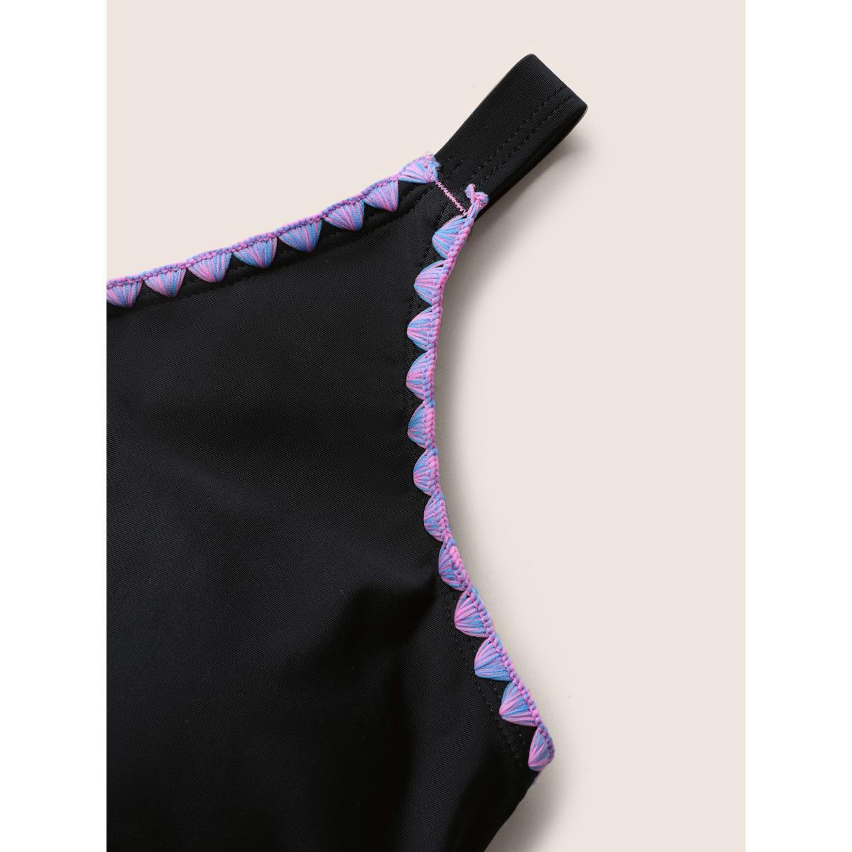 Plus Size Shell Stitch Hollow Out Warp Swim Top Women's Swimwear Black Beach Non High stretch Skinny V-neck Curve Swim Tops BloomChic 26/4X Product Image