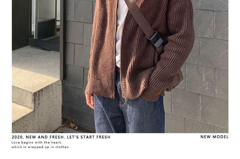 Stand Collar Plain Ribbed Zip Cardigan Product Image
