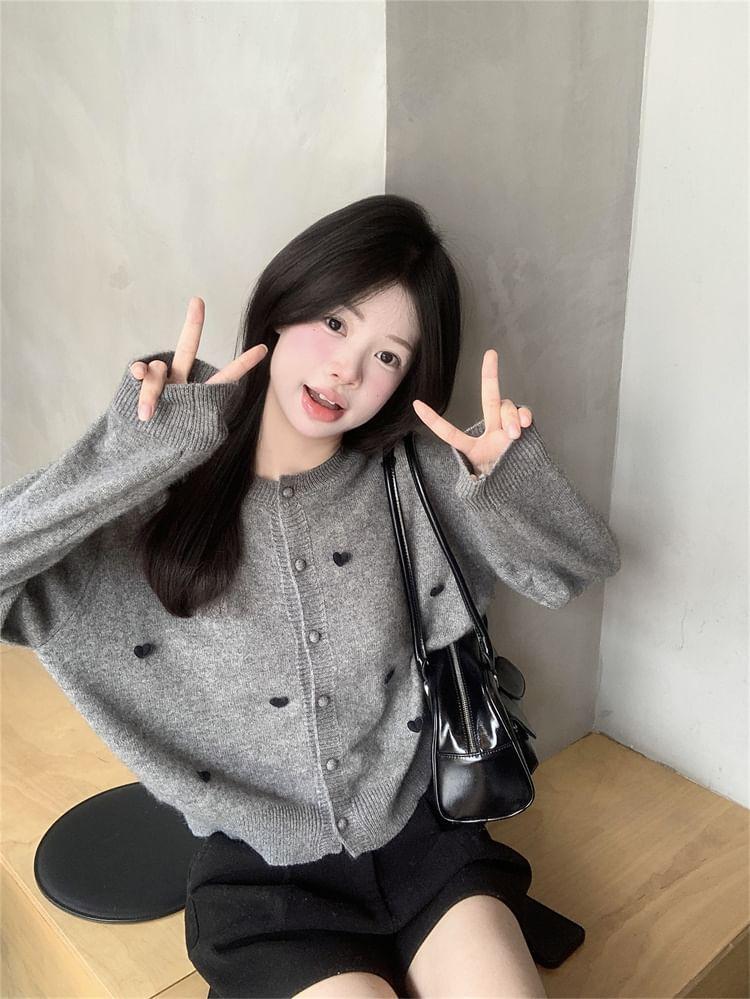 Crewneck Heart Pattern Button-Up Top Product Image