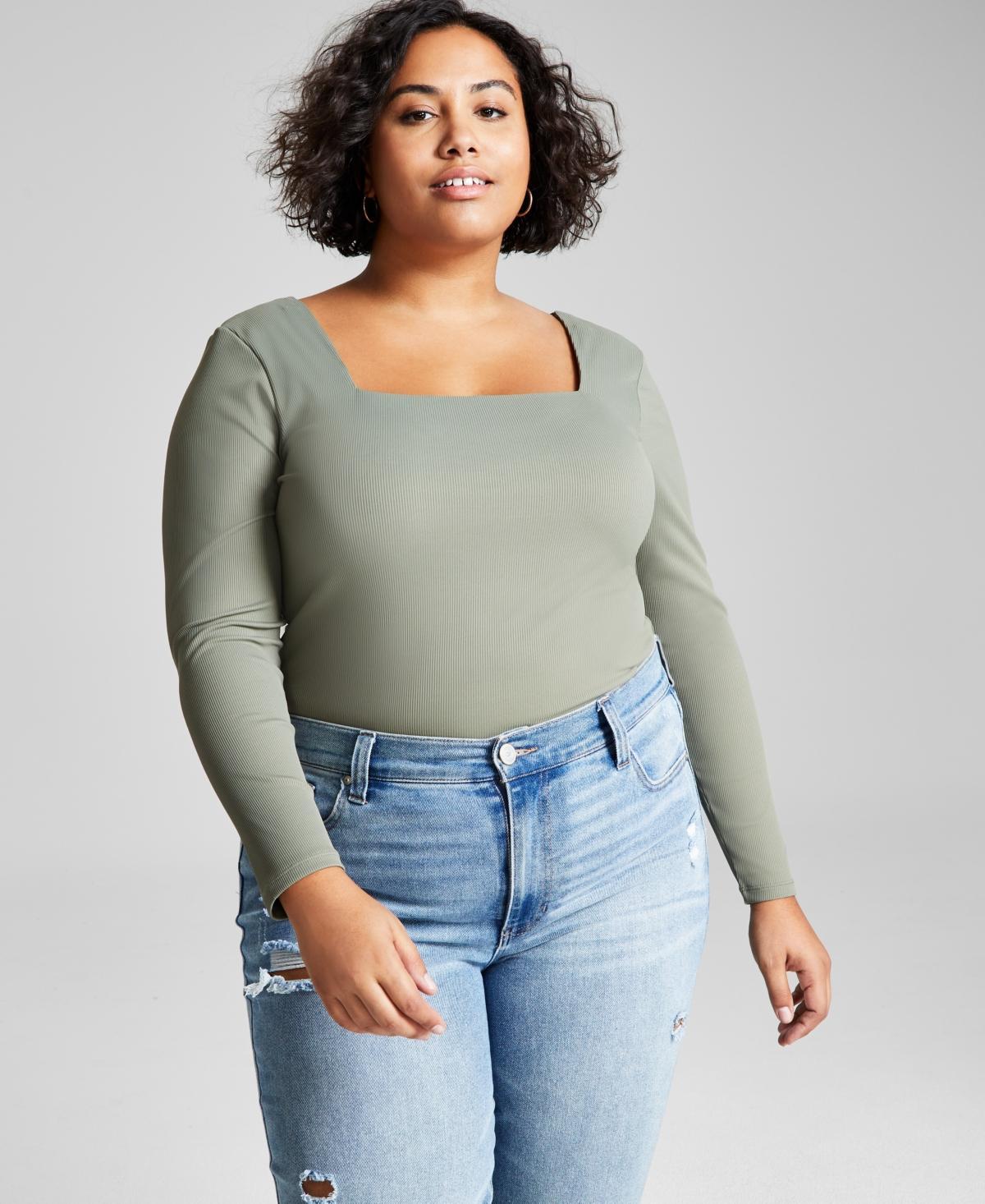 And Now This Trendy Plus Size Square-Neck Long-Sleeve Top Product Image