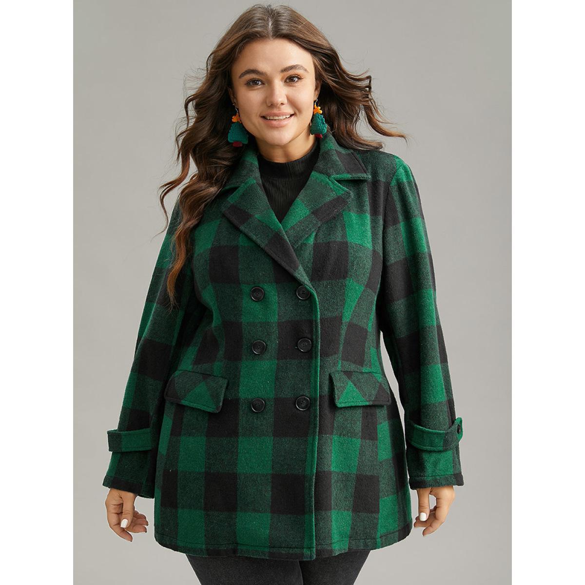 Plus Size Plaid Lapel Collar Flap Detail Double Breasted Coat Women DarkGreen Casual Contrast Ladies Dailywear Winter Coats BloomChic 18-20/2X Product Image