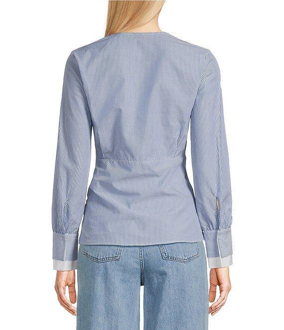 BOSS By Hugo Boss Woven Stripe Print V-Neck Twist Front Long Sleeve Shirt Product Image