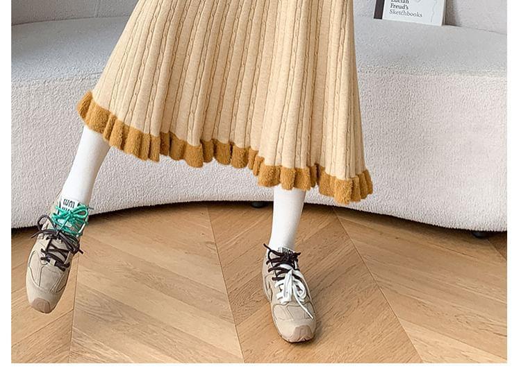 High Waist Ruffle Hem Knit Midi A-Line Skirt Product Image