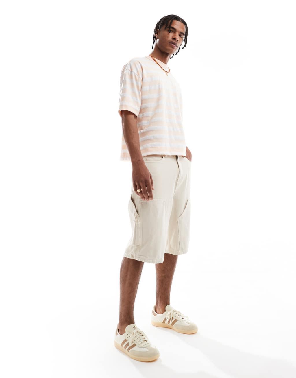 ASOS DESIGN boxy oversized T-shirt in heavyweight 220gsm pink and white stripe Product Image