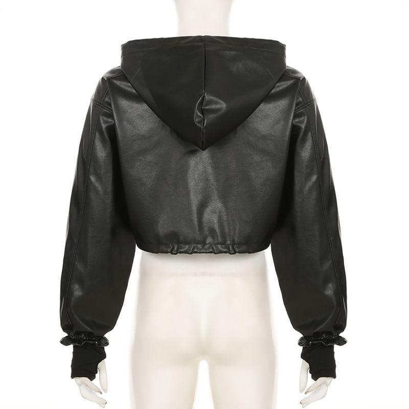 Faux Leather Hooded Zip-Up Crop Jacket Product Image