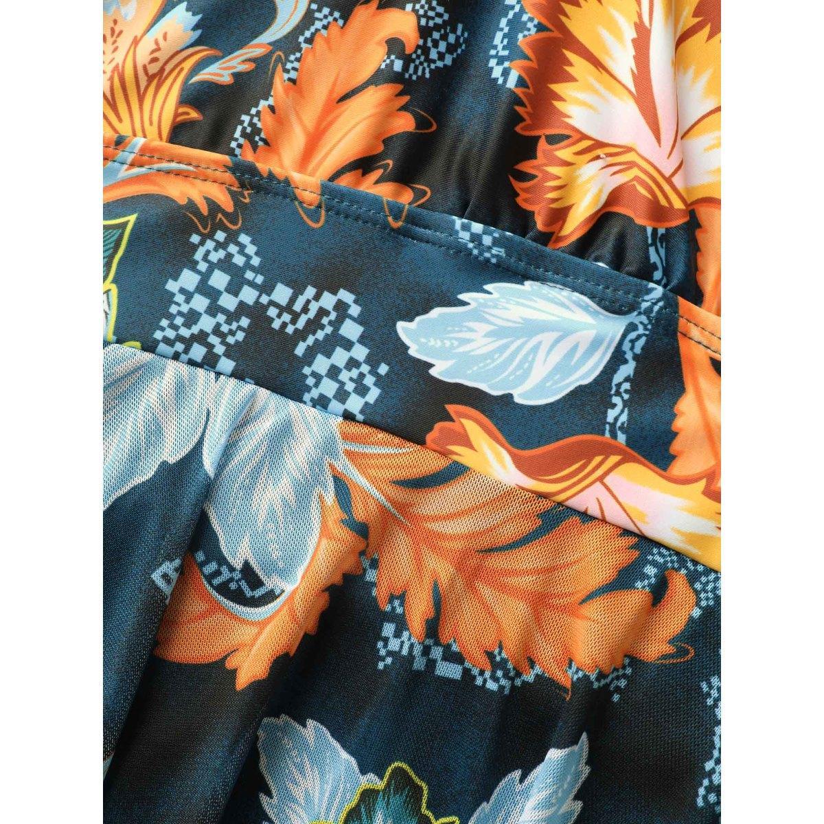 Plus Size Overlap Collar Contrast Floral Mesh Swim Dress Women's Swimwear Cyan Beach Bodycon Overlap Collar High stretch Curve Swim Dresses BloomChic 14-16/1X Product Image