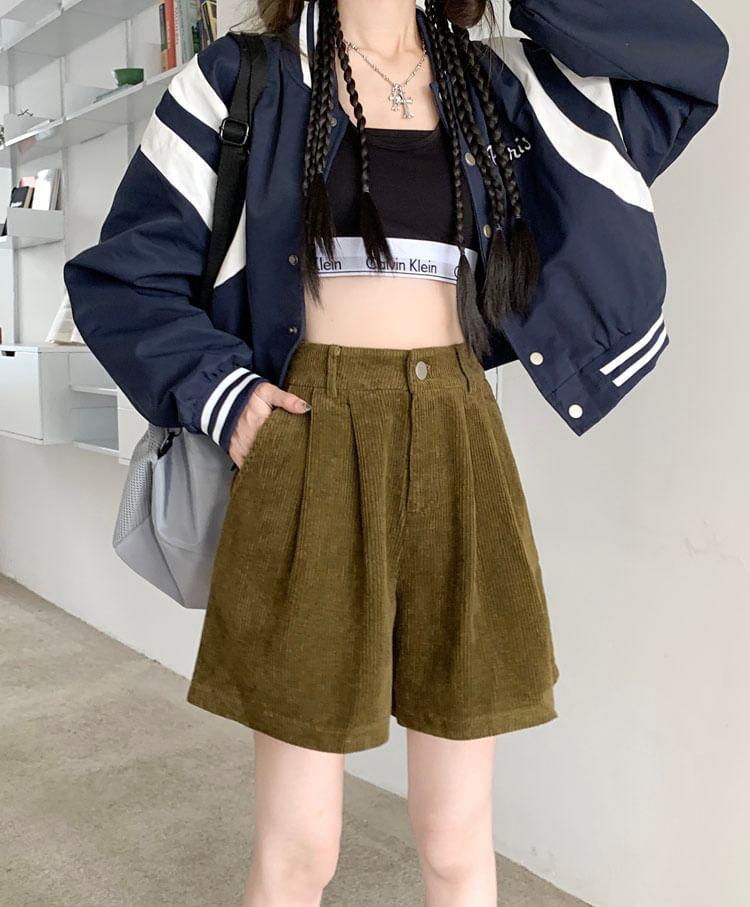 High Waist Plain Corduroy Wide Leg Shorts Product Image