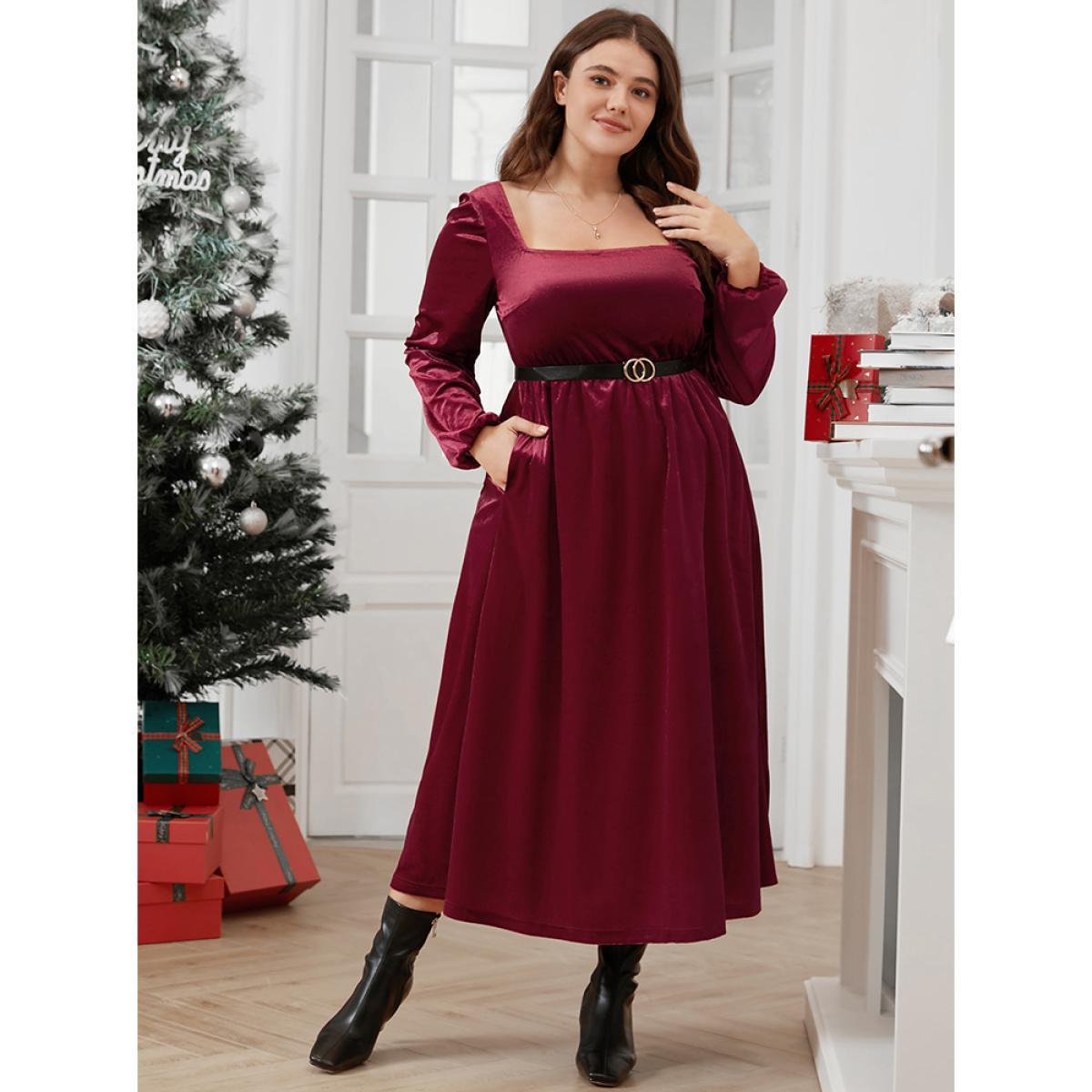 Plus Size Solid Square Neck Pocket Lantern Sleeve Velvet Dress Without Belt Scarlet Women Glamour Elastic Waist Square Neck Long Sleeve Curvy Midi Dress BloomChic 30/6X Product Image