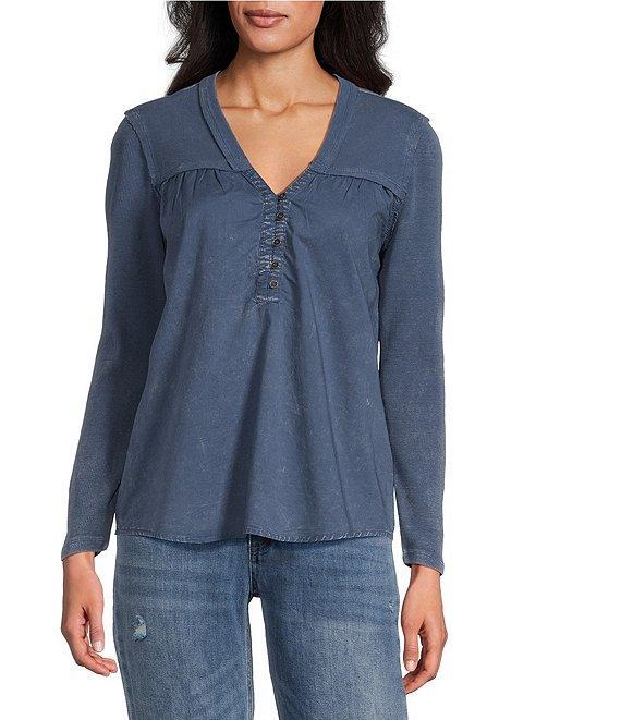 Reba Woven Voile Knit Rib Henley V-Neck Long Sleeve Trapeze Top Product Image