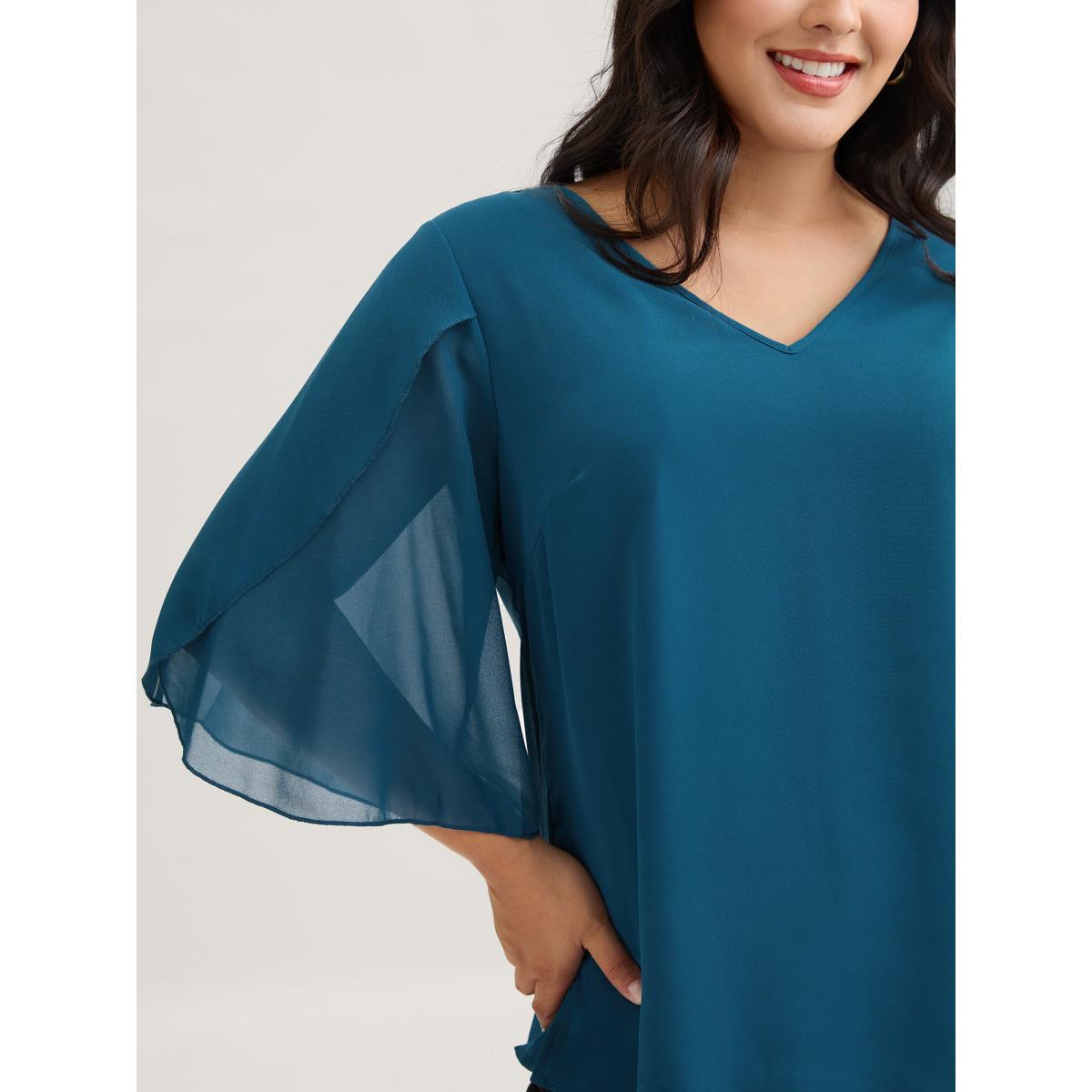 Plus Size Aegean Chiffon Gathered Petal Sleeve Blouse Women Elegant Elbow-length sleeve V-neck Everyday Blouses BloomChic 10/M Product Image