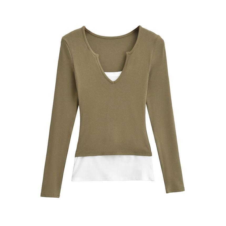 Mock Two-Piece Long-Sleeve Two-Tone Tee Product Image