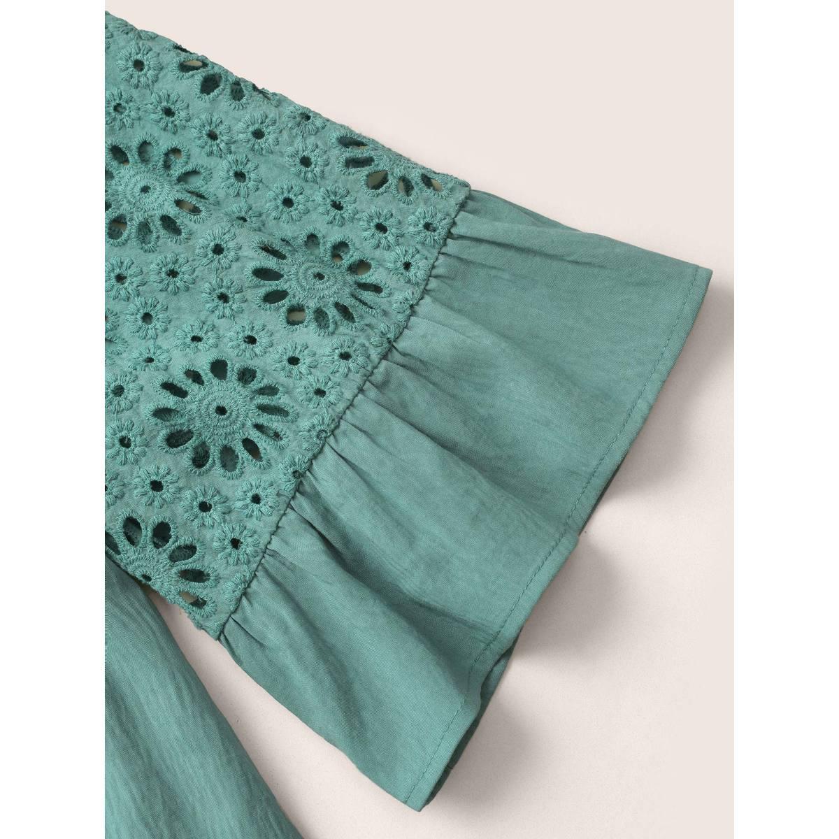Plus Size Mint Plain Broderie Anglaise Ruffle Sleeve Blouse Women Casual Elbow-length sleeve Round Neck Everyday Blouses BloomChic 18-20/2X Product Image