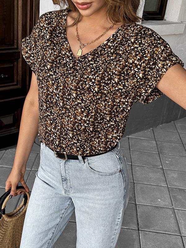Loose Short Sleeves Contrast Color V-Neck Blouses&Shirts Tops Product Image