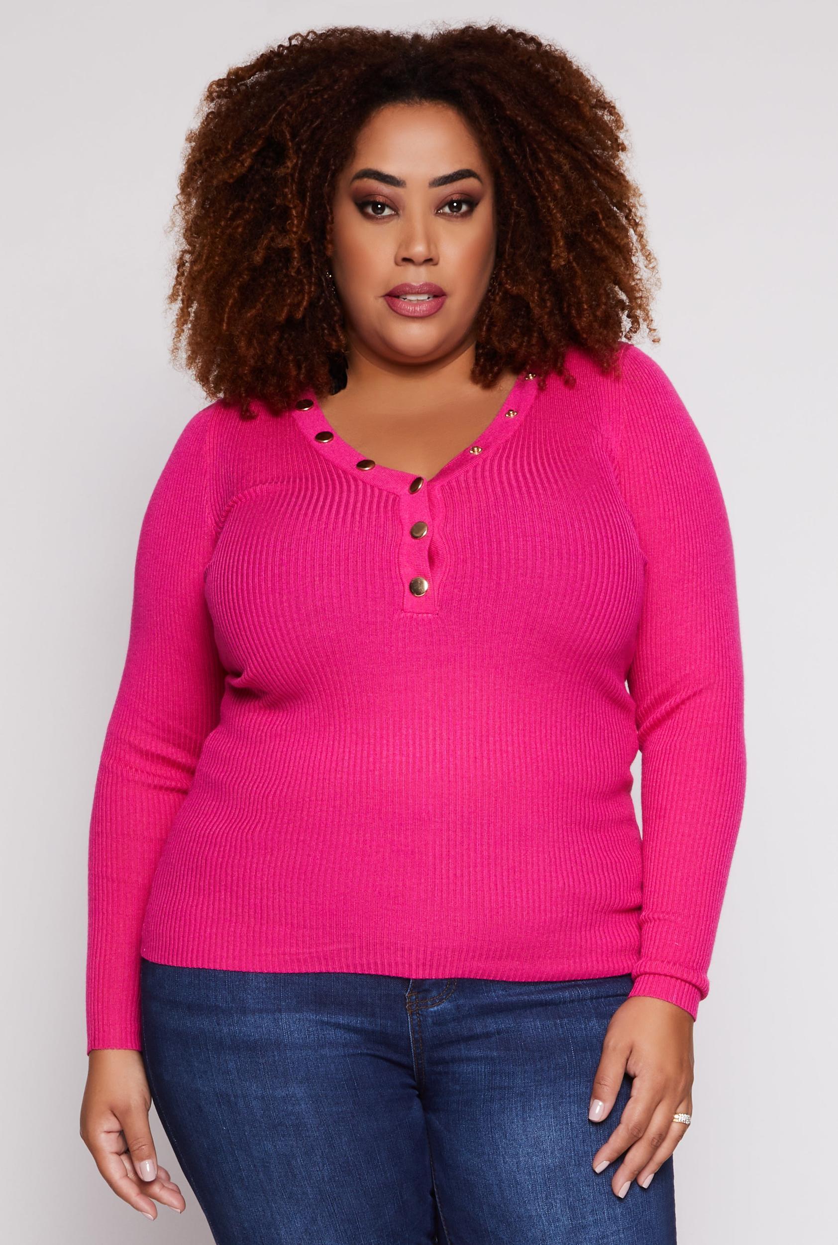 Womens Plus Size Ribbed Knit Long Sleeve Henley Top Product Image