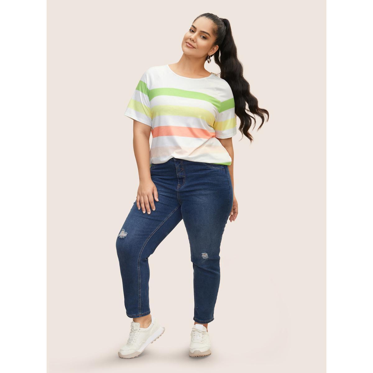 Plus Size Colored Striped Crew Neck Raglan Sleeve T-shirt Multicolor Women Casual Contrast Round Neck Everyday T-shirts BloomChic 22-24/3X Product Image