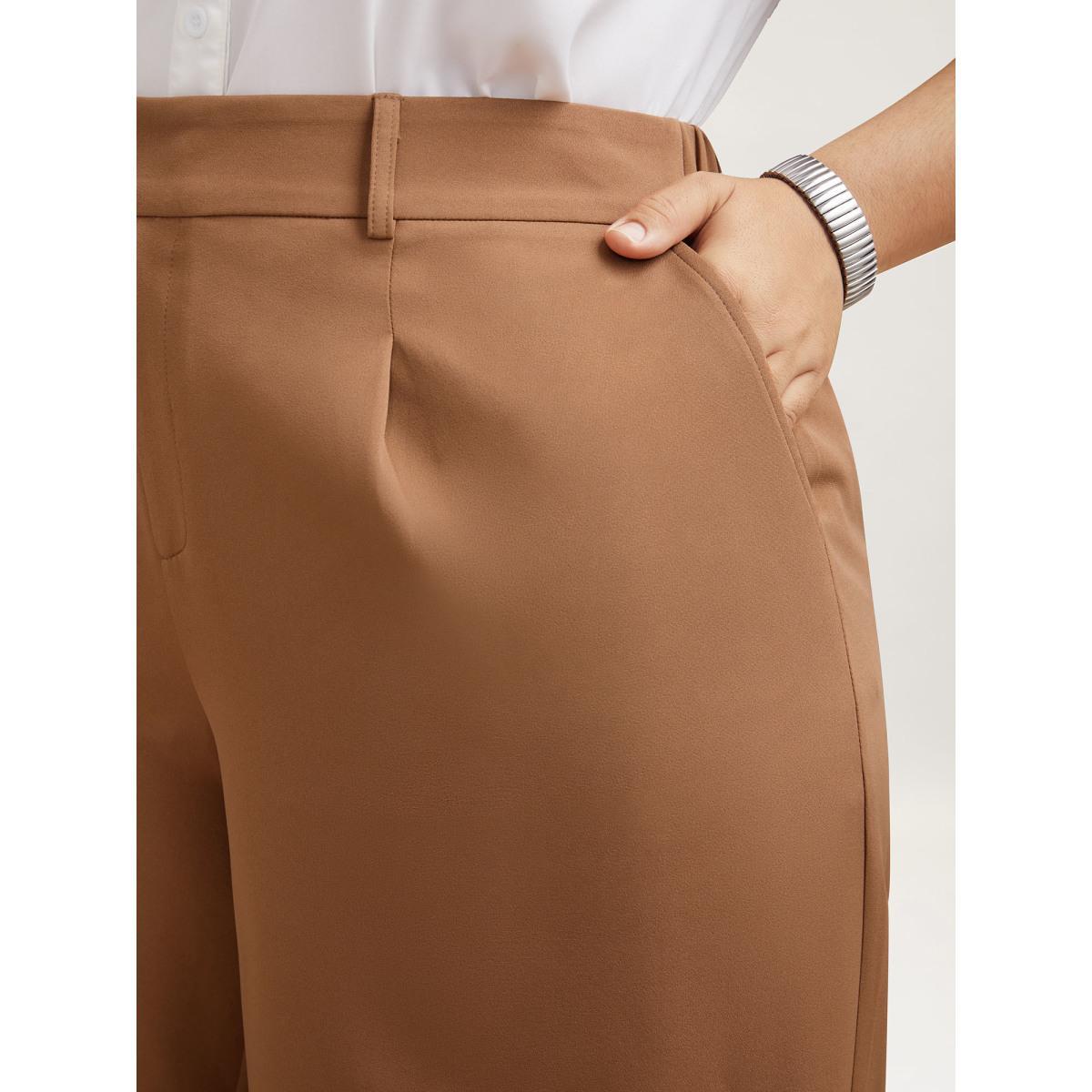 Plus Size Stretchy Waist Pleated Wide-Leg Pants Women Wheat At the Office Wide Leg Mid Rise Work Pants BloomChic 12/L Product Image