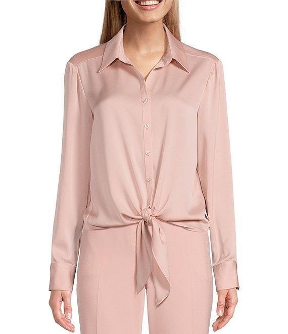 Preston & York Kinsley Tie Front Hem Button Front Collared Long Sleeve Shirt Product Image