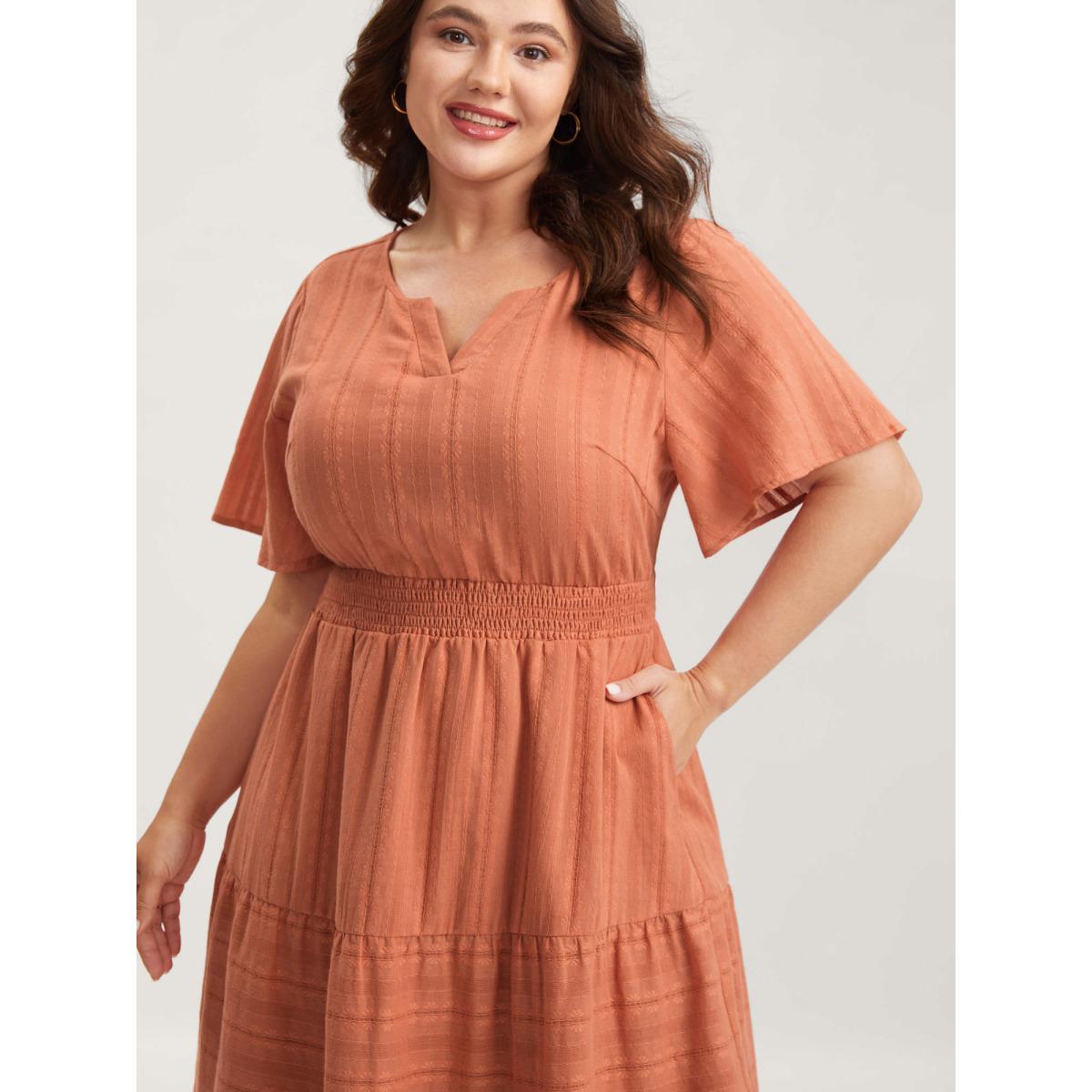 Plus Size Pure Cotton Solid Textured Shirred Midi Dress Coral Women Notched collar Short sleeve Curvy BloomChic 18-20/2X Product Image