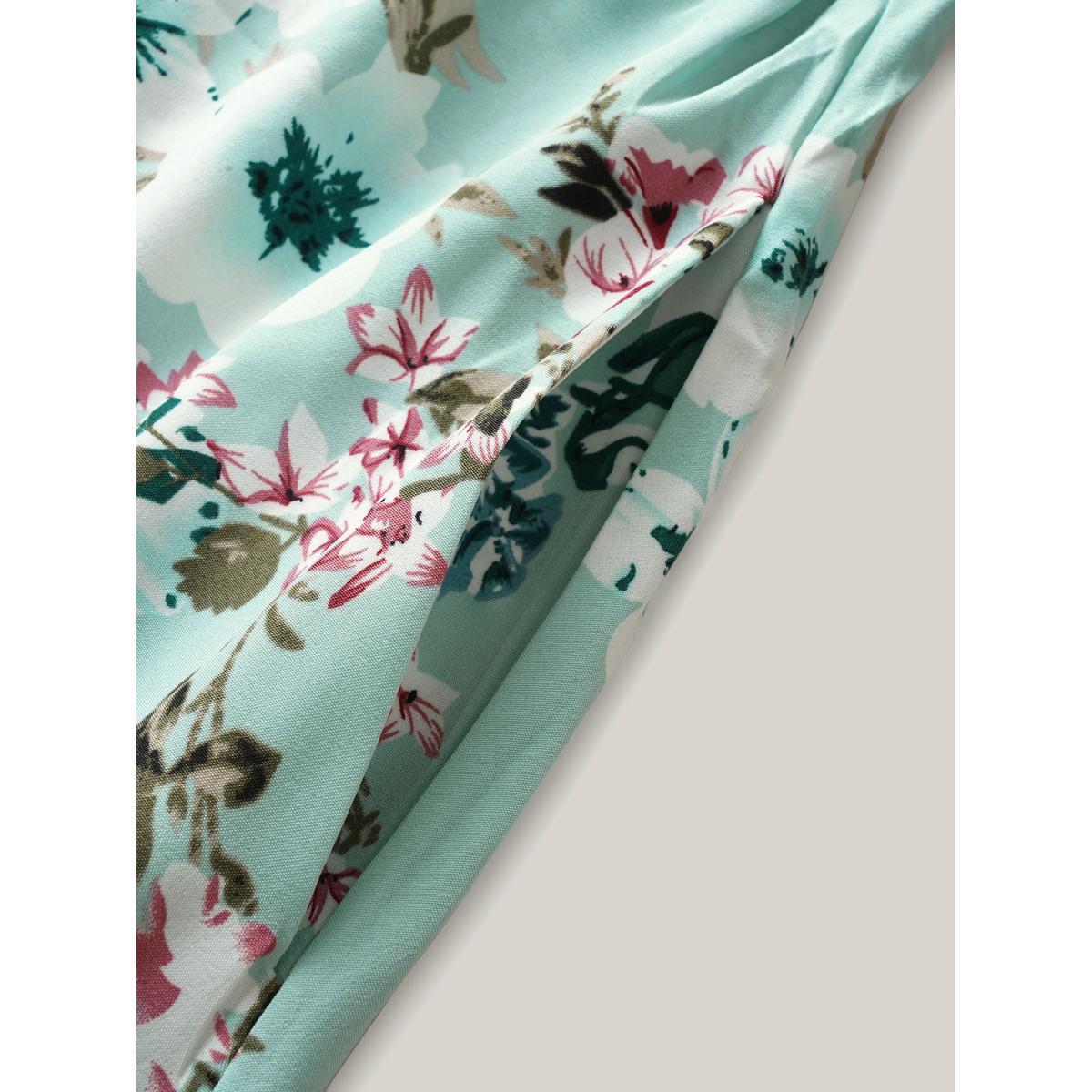 Plus Size Floral Square Neck Ruffles Pocket Shirred Split Dress Turquoise Women Elegant Non Square Neck Short sleeve Curvy BloomChic 10/M Product Image