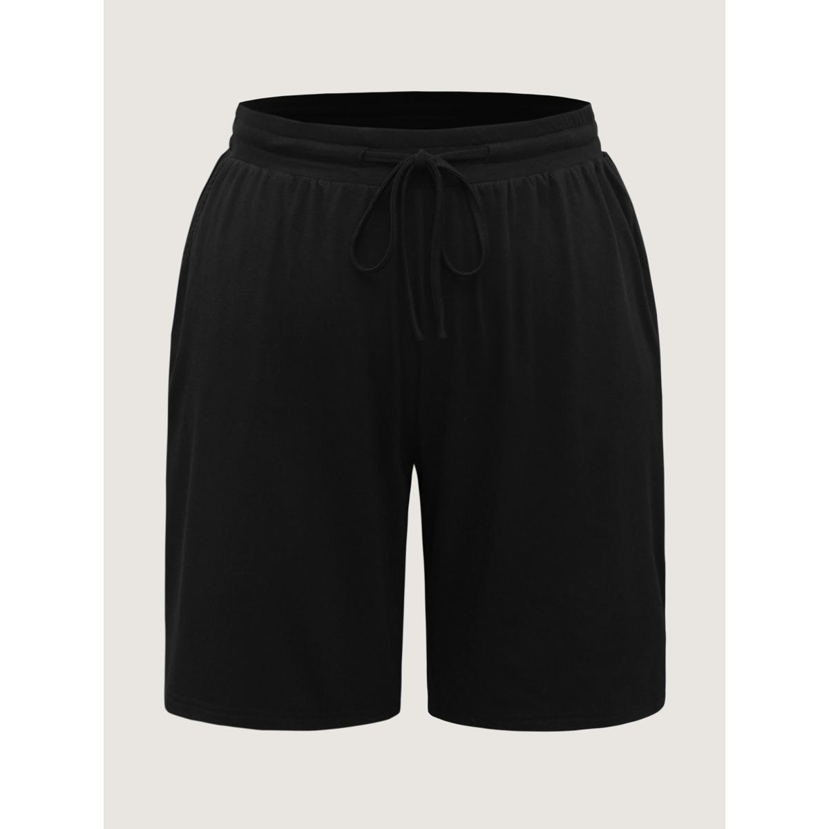 Plus Size Stretchy Slit Drawstring Straight-Leg Shorts Women Black Casual Drawstring Straight Leg Everyday-Casual Shorts BloomChic 12/L Product Image
