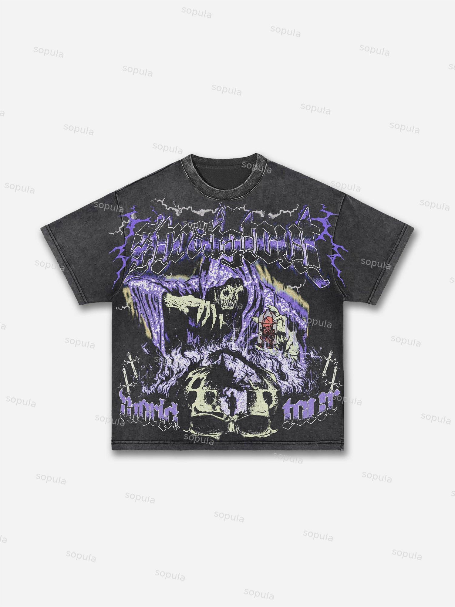 Vintage Grim Reaper Skull Graphic Print Acid Wash T-shirt Product Image