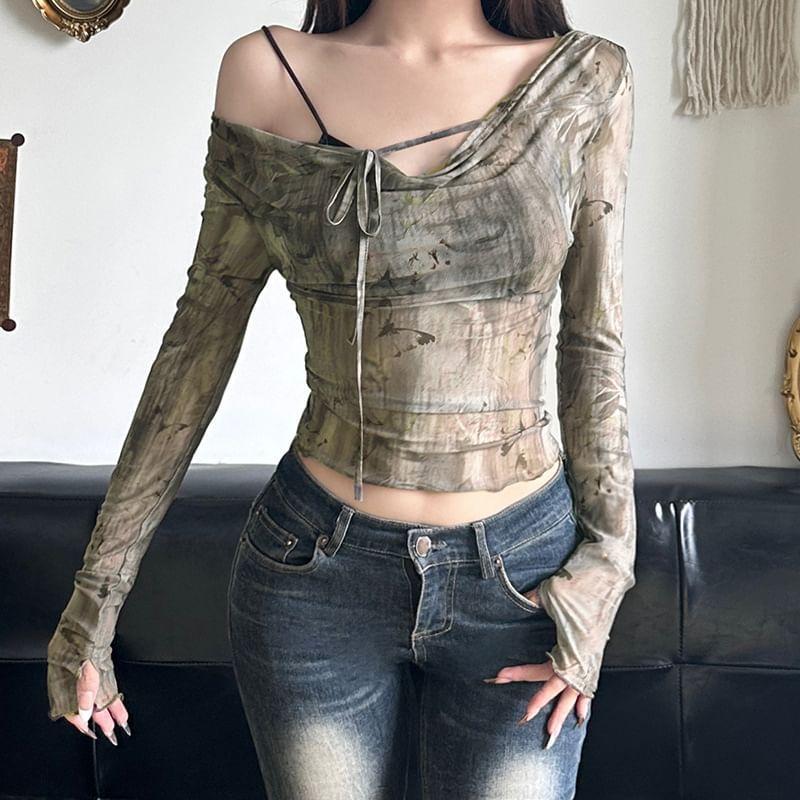 Long Sleeve Off Shoulder Tie Dye Cropped Top Product Image