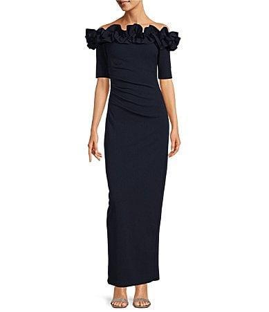 Xscape Petite Size Ruffled Off-the-Shoulder Short Sleeve Crepe Sheath Gown Product Image
