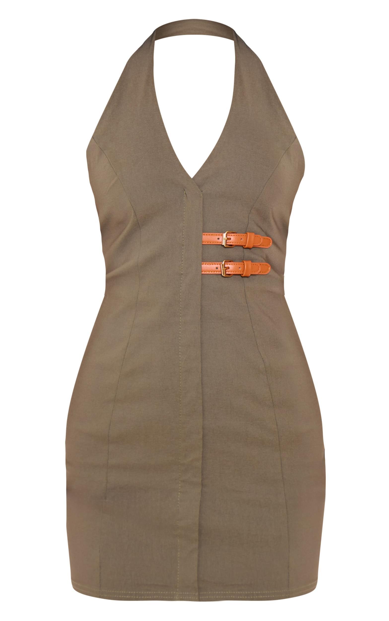 Dark Khaki Stretch Woven Belted Bodycon Dress Product Image