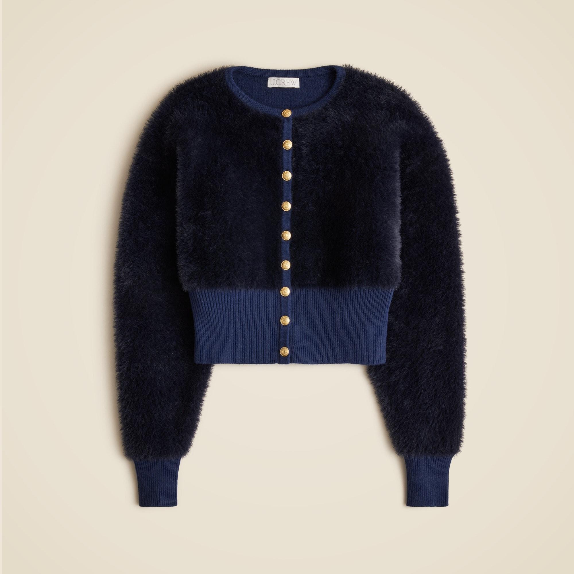 Fitted-waist cardigan in fuzzy yarn Product Image