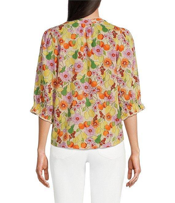 Democracy Petite Size Woven Floral Fruit Print Round Neck Elbow Sleeve Half Button Front Placket Pintuck Detail Top Product Image