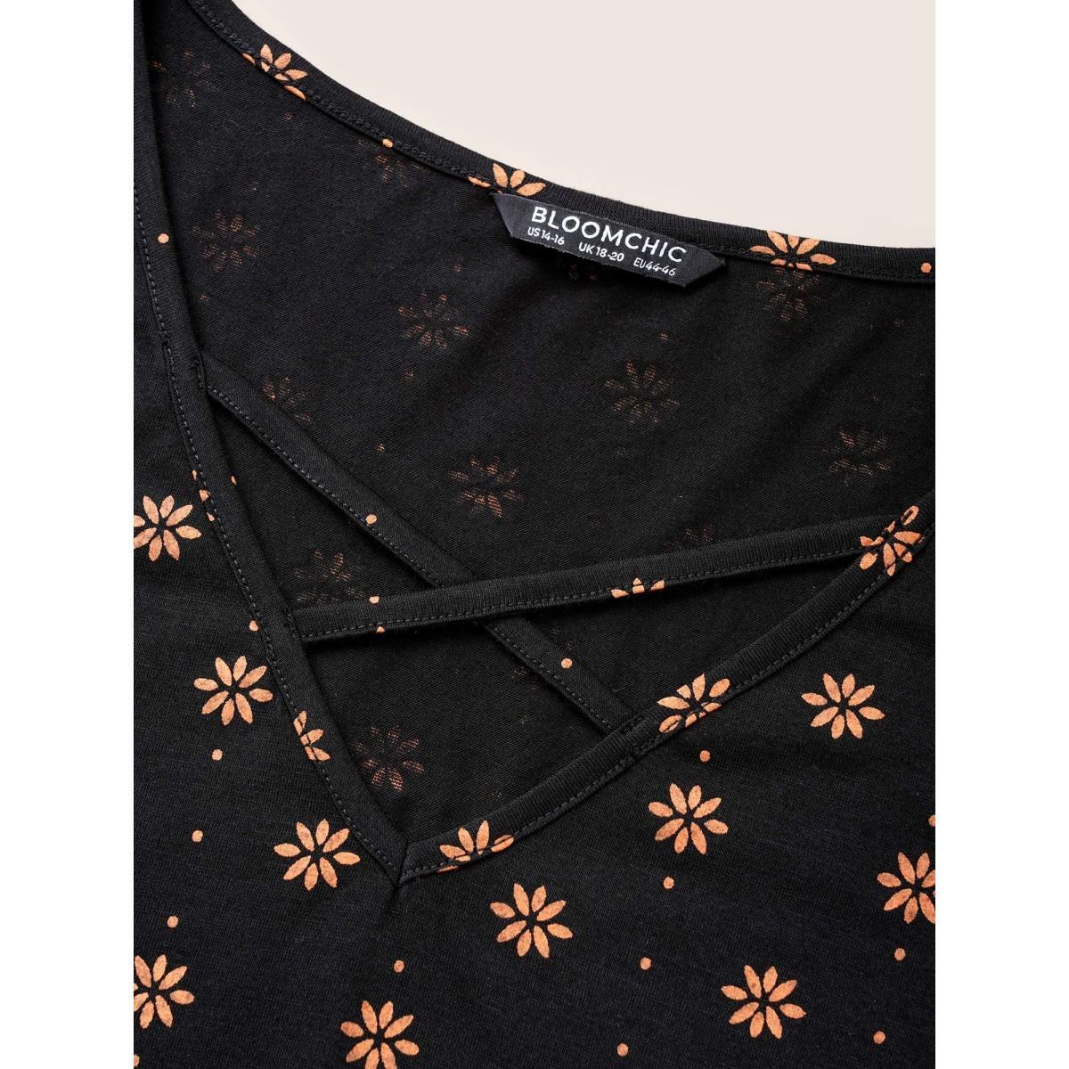 Plus Size Ditsy Floral Print Crisscross Neck T-shirt BlackFlower Women Casual Cross straps Ditsy Floral V-neck Everyday T-shirts BloomChic 14-16/1X Product Image