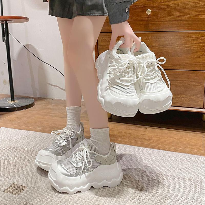 Platform Mesh Panel Lace-Up Faux Leather Sneakers Product Image