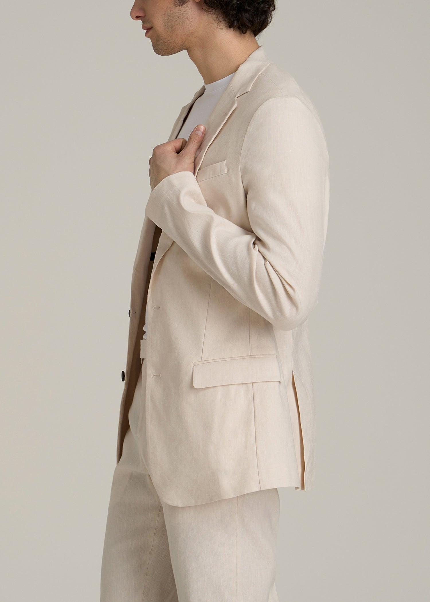 Stretch Linen Blazer for Tall Men in Light Beige Linen Product Image