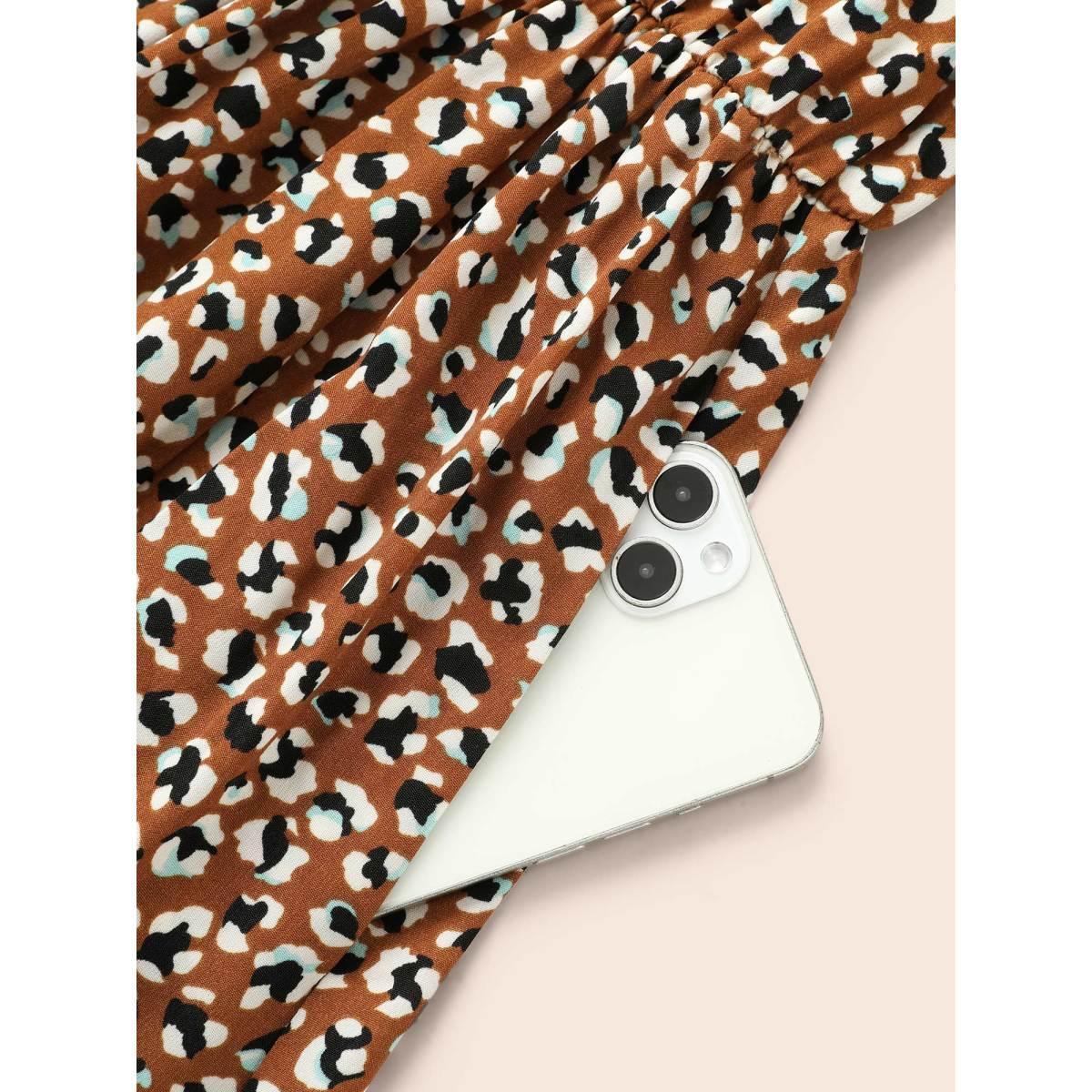 Plus Size Leopard Print Tie Knot Midi Dress Yellowishbrown Women At the Office Tie knot V-neck Long Sleeve Curvy BloomChic 10/M Product Image