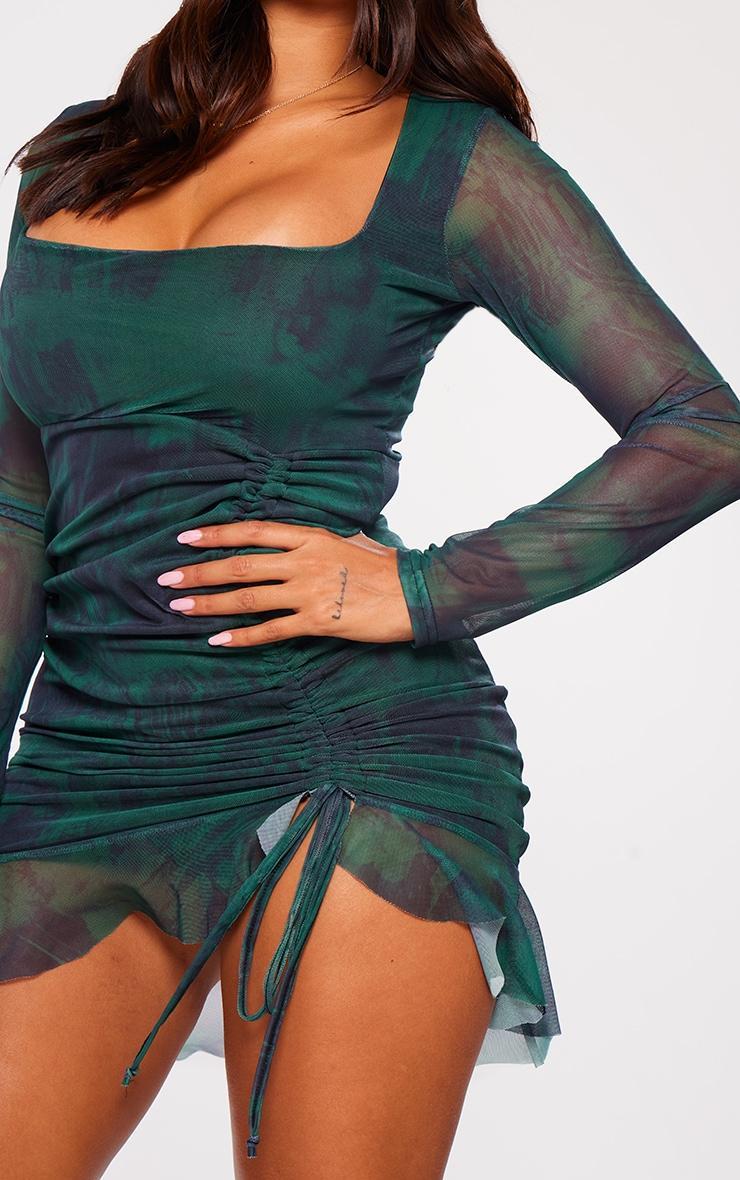 Shape Dark Green Mesh Long Sleeve Ruched Side Frill Hem Bodycon Dress Product Image