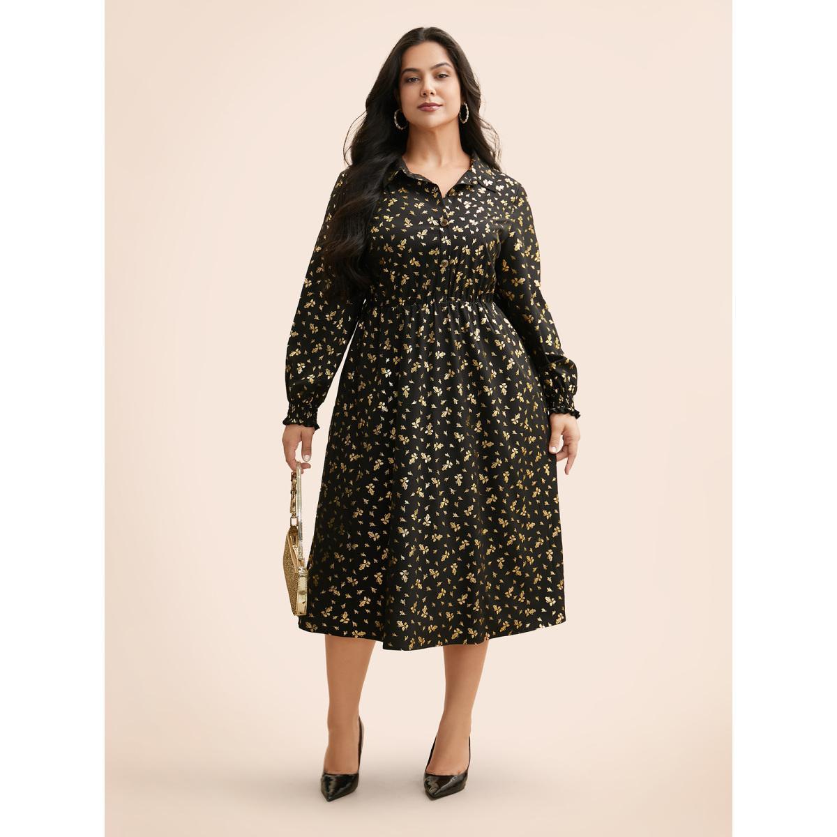 Plus Size Glitter Floral Frill Trim Shirred Dress Black Women Cocktail Texture Party Curvy Bloomchic 12/L Product Image
