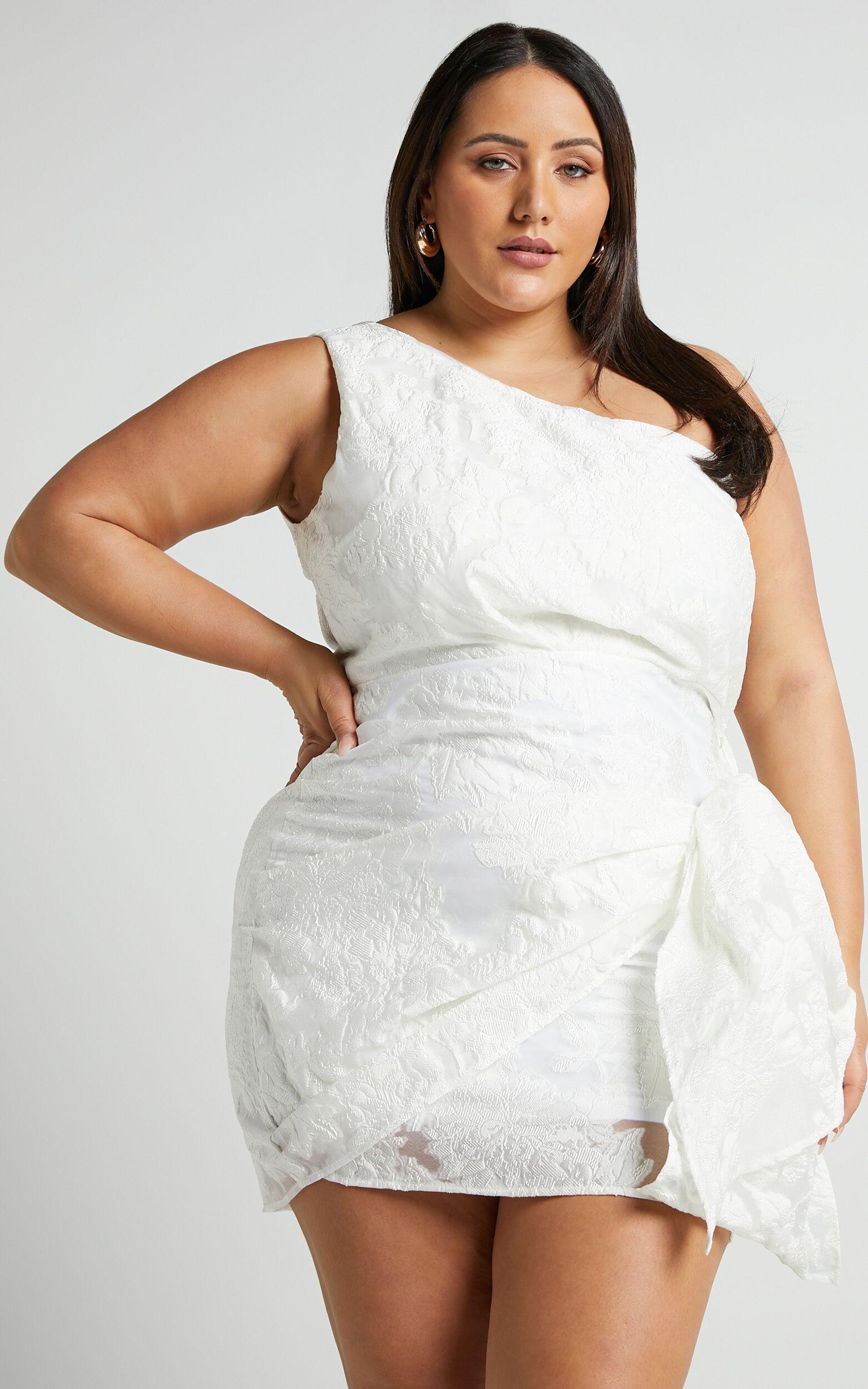 Brailey Mini Dress - One Shoulder Wrap Front Dress in White Jacquard Product Image