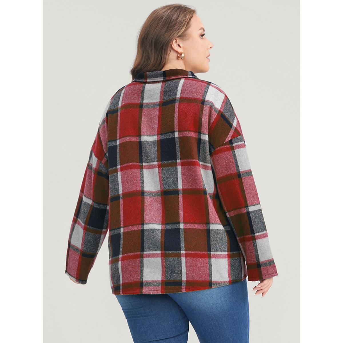 Plus Size Plaid Drop Shoulder O Ring Zip Sweatshirt Women Red Casual Zipper Lapel Collar Dailywear Sweatshirts BloomChic 22-24/3X Product Image