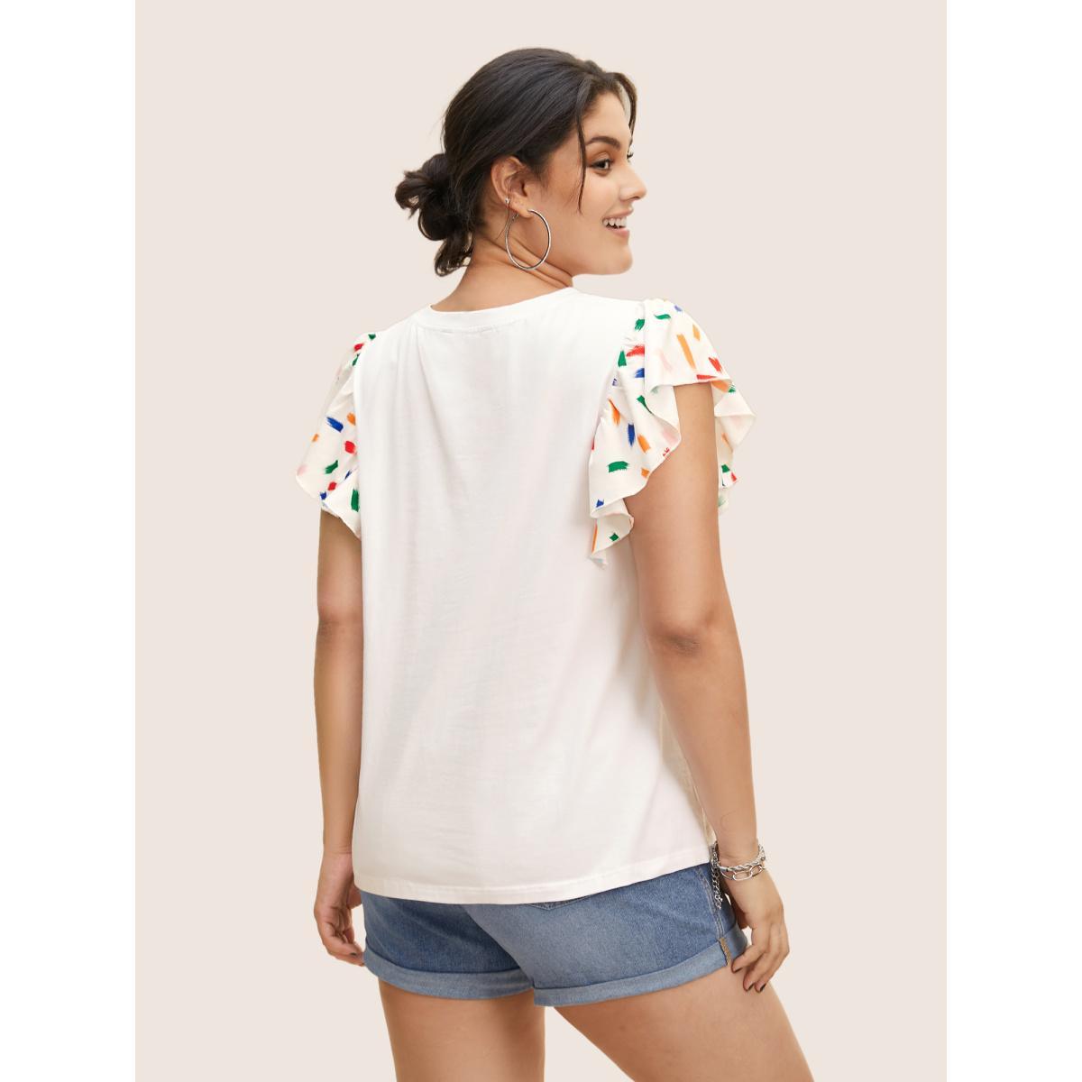 Plus Size Colored Brush Print Ruffle Cap Sleeve T-shirt Originalwhite Women Casual Contrast Round Neck Everyday T-shirts BloomChic 18-20/2X Product Image