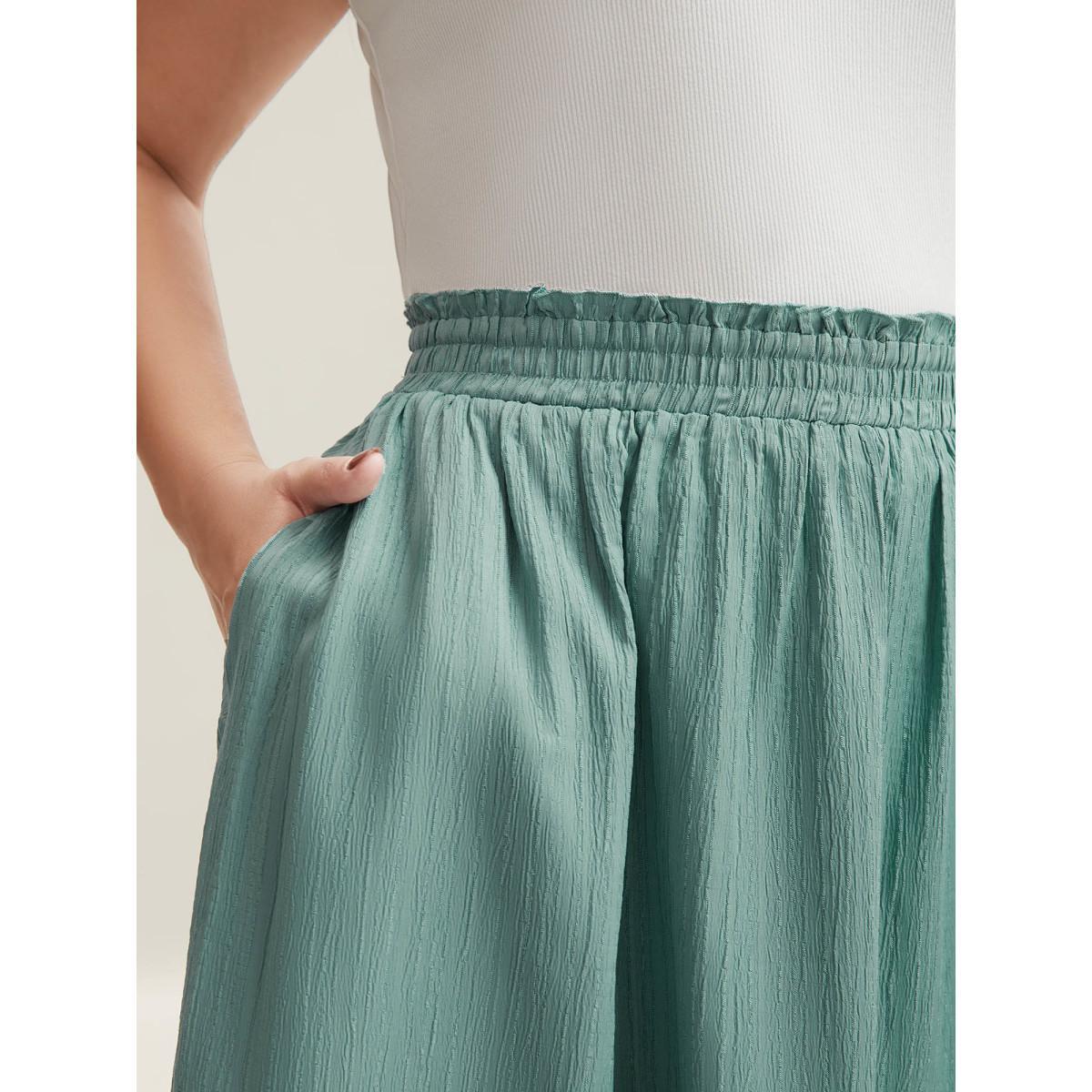 Plus Size Smocked Waist Textured Pleated Midi Skirt Women Mint Elegant Texture Bodycon Low stretch Side seam pocket Everyday Skirts BloomChic 12/L Product Image