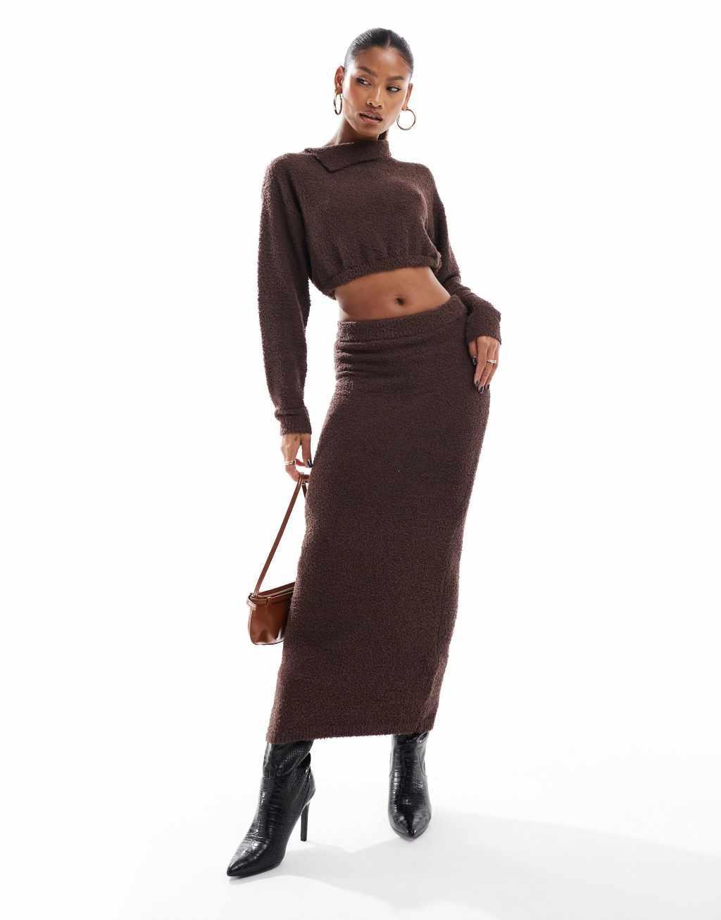 Aria Cove boucle slash neck cropped sweater in chocolate - part of a set Product Image