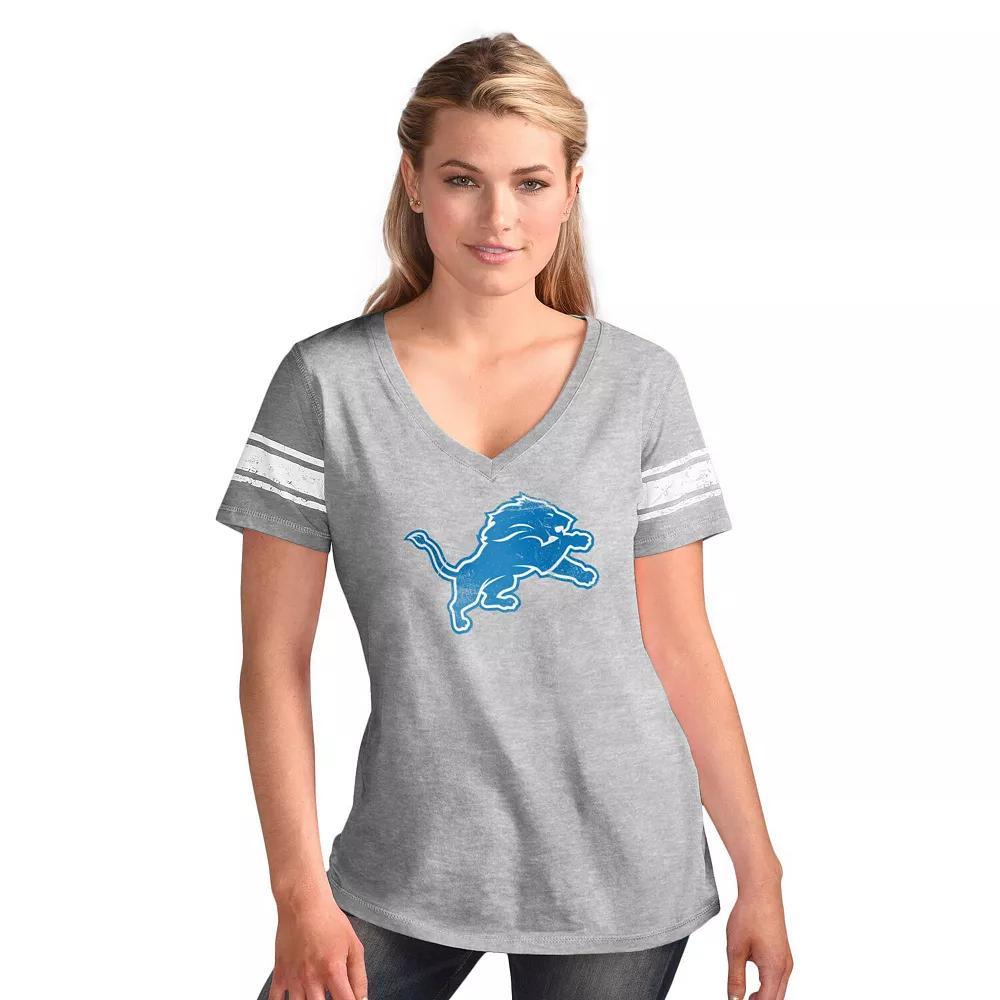 Women's G-III 4Her by Carl Banks  Heather Gray Detroit Lions First Pick Distressed V-Neck T-Shirt, Size: XL, Grey Product Image