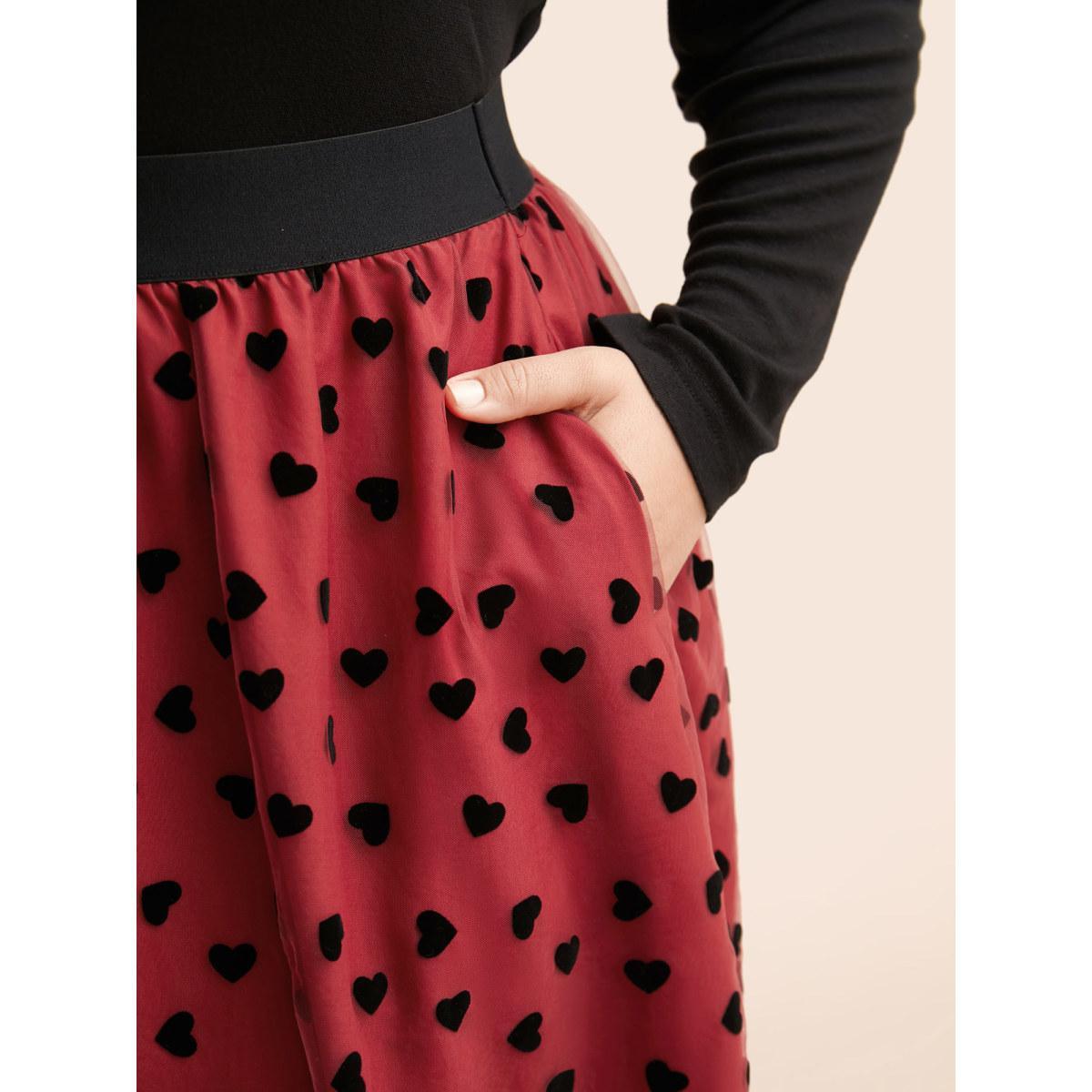 Plus Size Heart Flocking Tiered Mesh Skirt Women Crimson Cocktail Tiered Loose Low stretch Side seam pocket Party Skirts BloomChic 14-16/1X Product Image