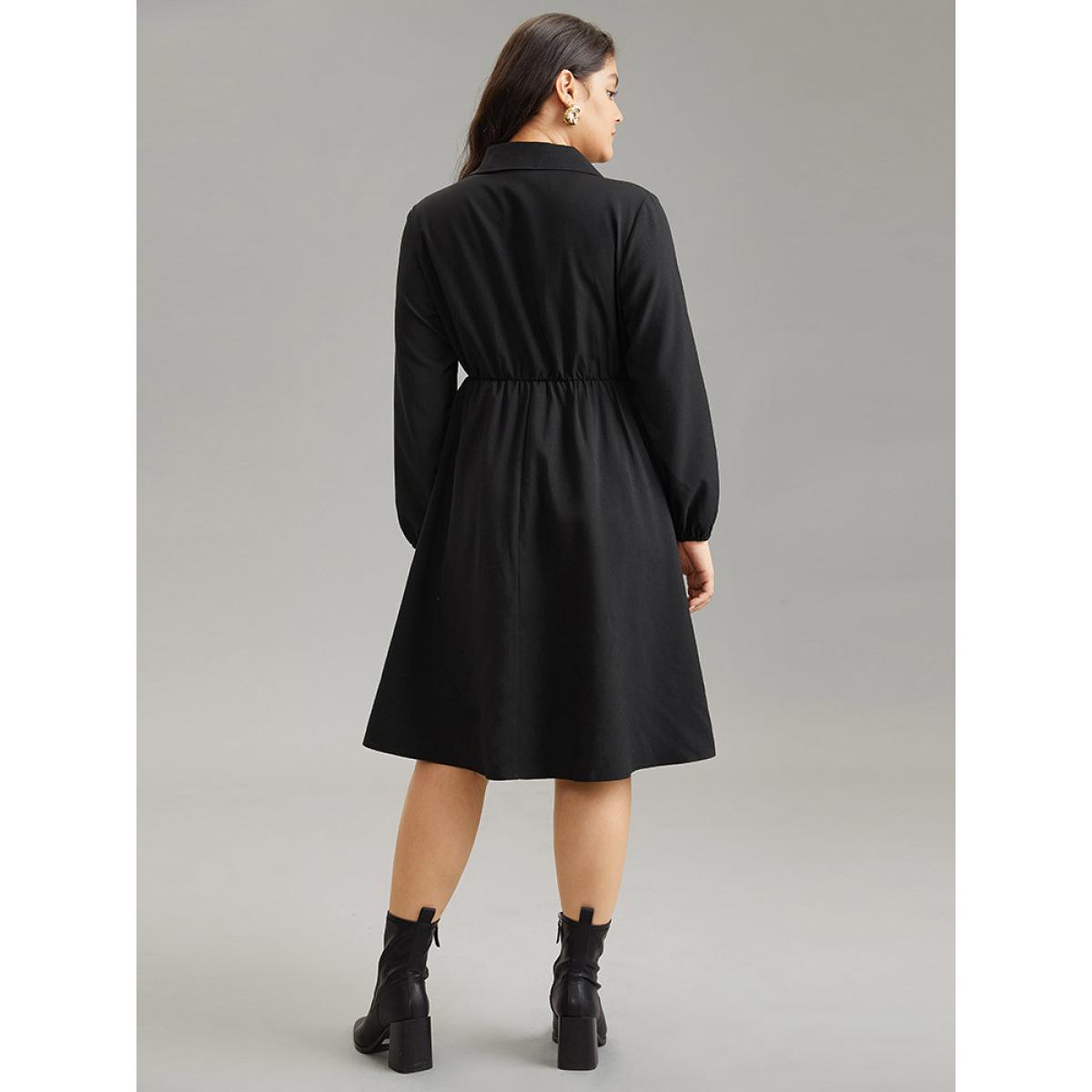 Plus Size Static-Free Suit Collar Button Detail Elastic Waist Dress Black Women At the Office Elastic cuffs Suit Collar Long Sleeve Curvy Midi Dress BloomChic 14-16/1X Product Image