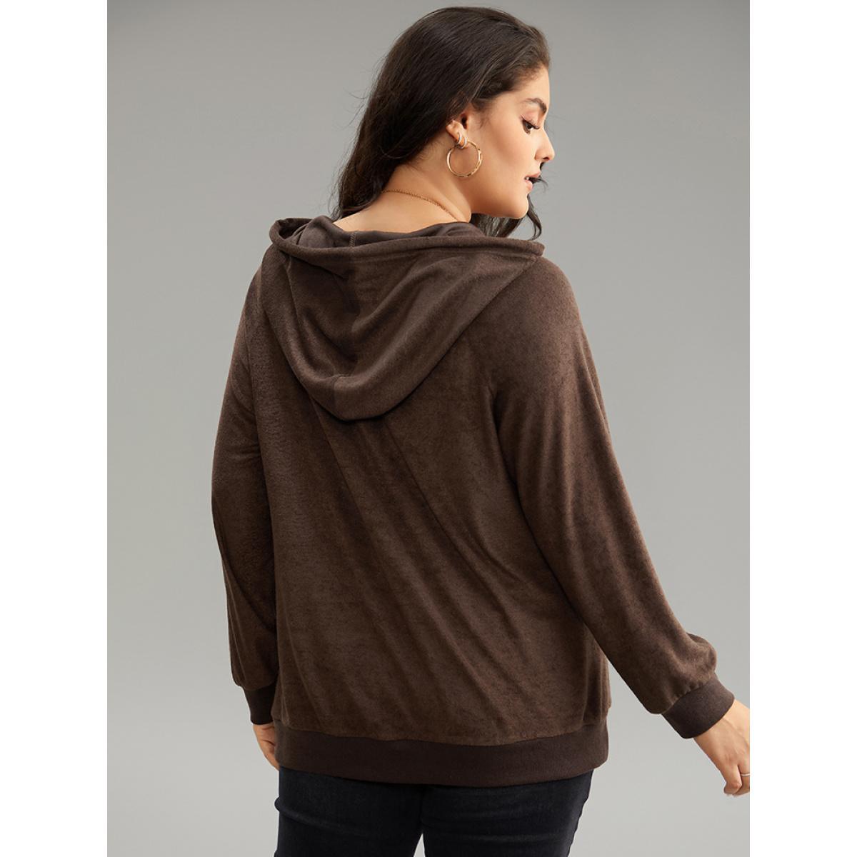 Plus Size Stitch Tassels Drawstring Hooded Sweatshirt Women DarkBrown Casual Elastic cuffs Hooded Dailywear Sweatshirts BloomChic 30/6X Product Image