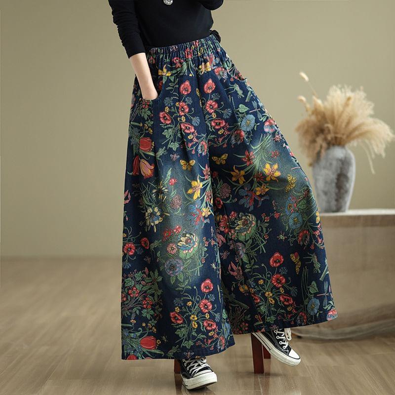 Mid Rise Floral Print Wide Leg Pants Product Image
