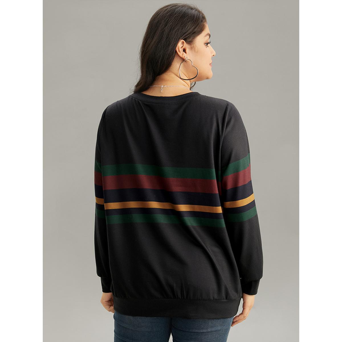 Plus Size Contrast Striped Basic Crew Neck Sweatshirt Women Black Casual Contrast Round Neck Dailywear Sweatshirts BloomChic 26/4X Product Image